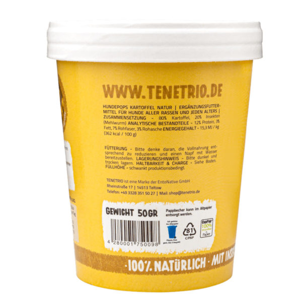 Insektenprotein in nachhaltigen Snacks für Hunde - Tenepops aus Kartoffeln von Tenetrio